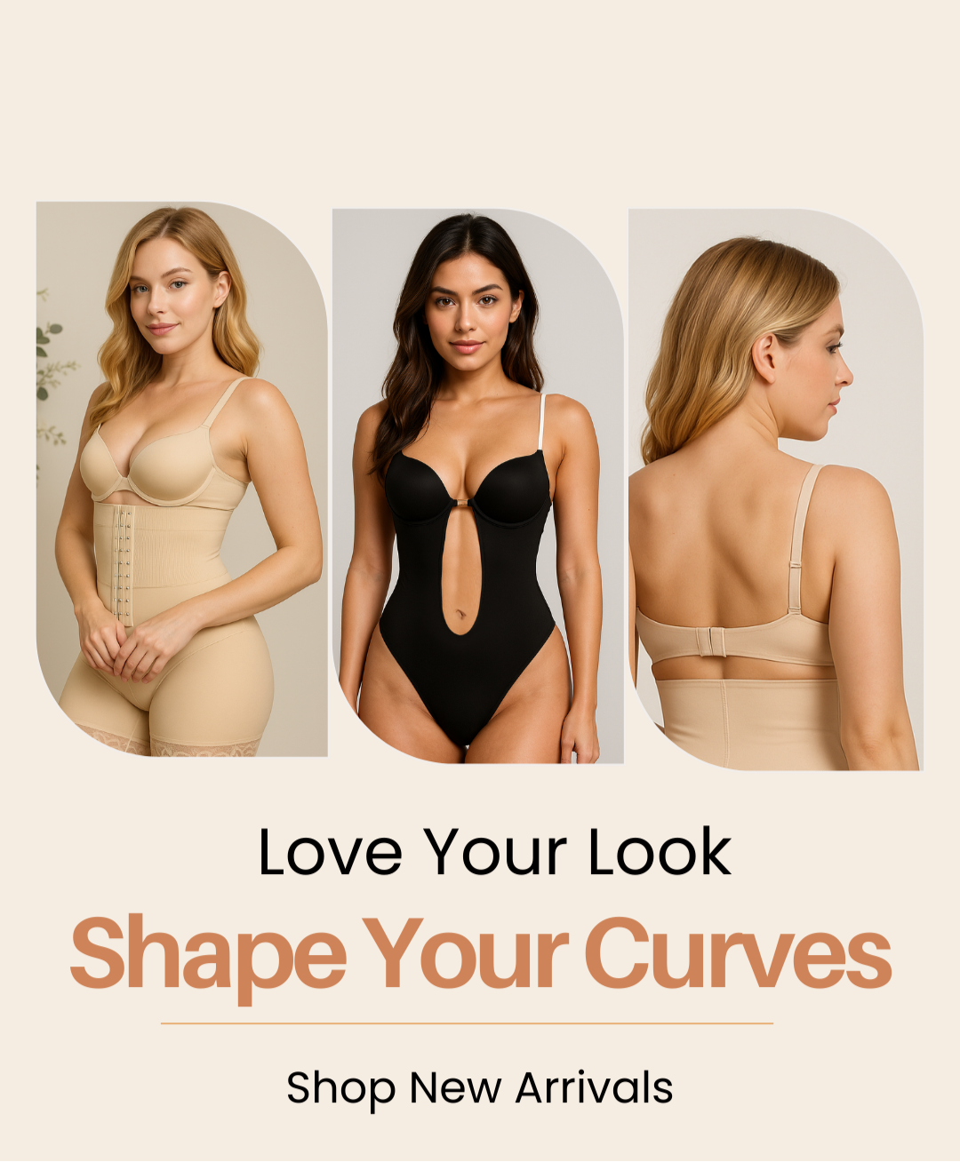 Three women modeling shapewear with promotional text on a beige background